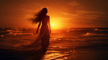 Fototapeta premium A captivating silhouette of a female figure standing at the water’s edge, illuminated by the golden glow of sunset, with soft light enhancing the tranquil beach scene.