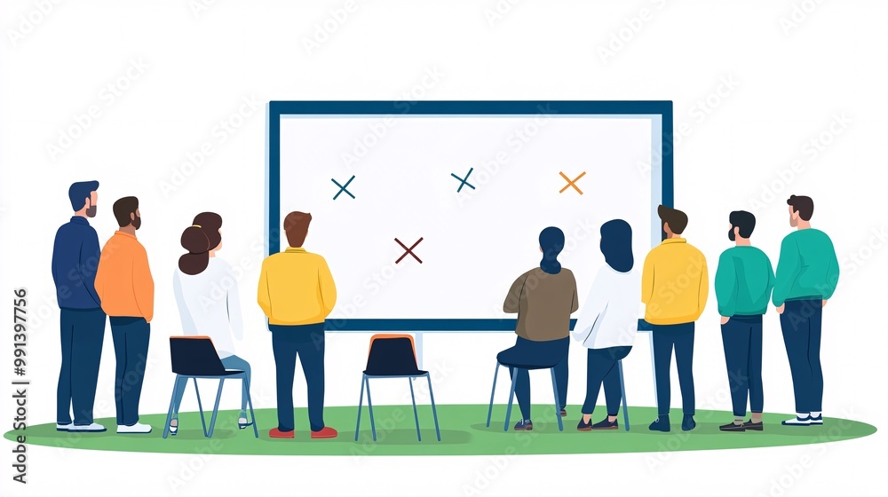 Poster A flat illustration of a game plan being drawn on a whiteboard with simplified X and O symbols representing the players Large space for text in center Stock Photo with copy space