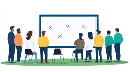 Obraz premium A flat illustration of a game plan being drawn on a whiteboard with simplified X and O symbols representing the players Large space for text in center Stock Photo with copy space
