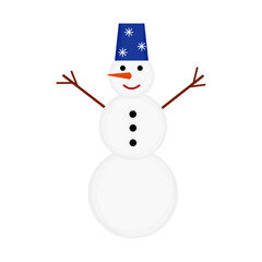 Snowman with face, with brooms in hands and bucket on head. Close-up element for winter design decoration. Snowman isolated on transparent and white background. Vector Christmas illustration.