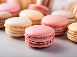 Obraz premium Delicious colorful macarons arranged aesthetically on a light surface showcasing various flavors and textures