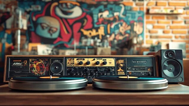 A 1980s vinyl record collection with colorful album covers from the hip-hop golden era, displayed on a retro turntable setup with graffiti art in the background.