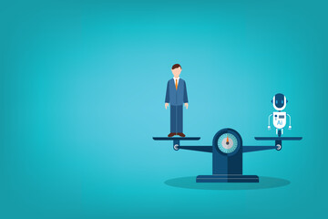 Balance scales man vs Ai bot. Competition concept artificial intelligence digital technology. Ai robot standing on the scale and equal to businessman.	