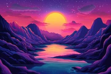 Sunset Over a Mountainous Landscape with a River