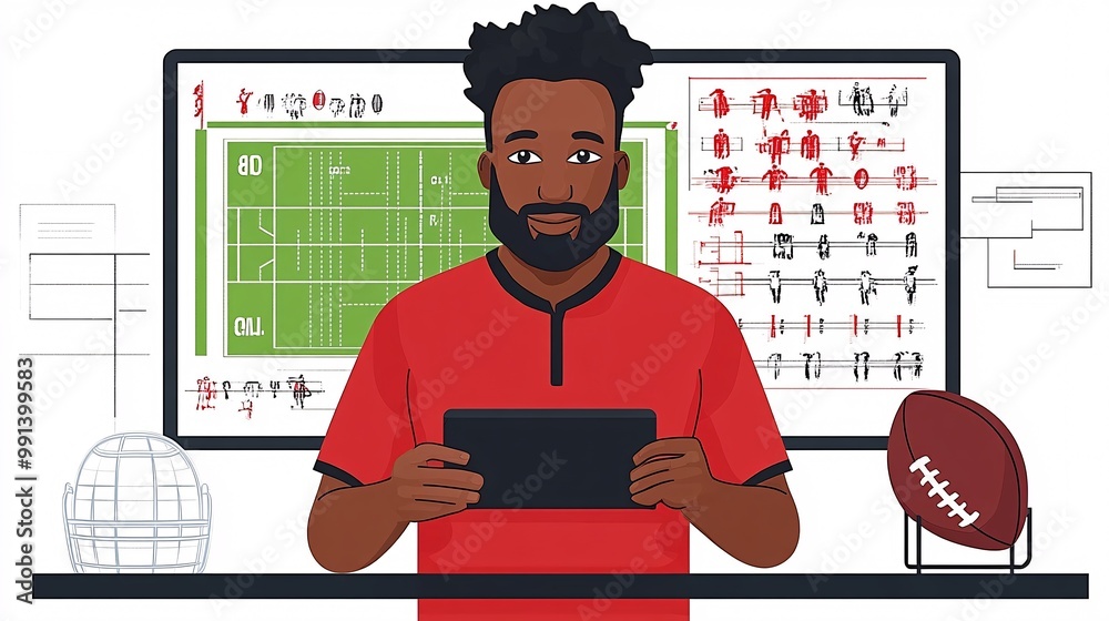 Poster an abstract illustration of a coach holding a tablet showing football play strategies with simple ve