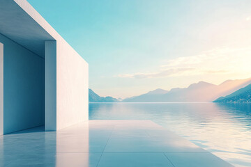 Obraz premium Abstract 3D rendering of minimalist style architectural space scene, mountain and lakeside building