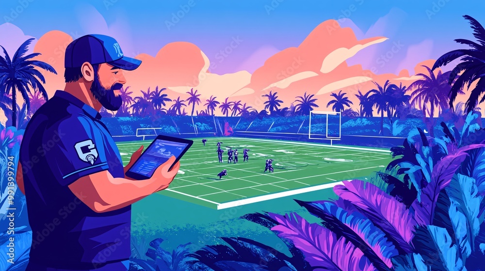 Poster an abstract illustration of a coach holding a tablet showing football play strategies with simple ve