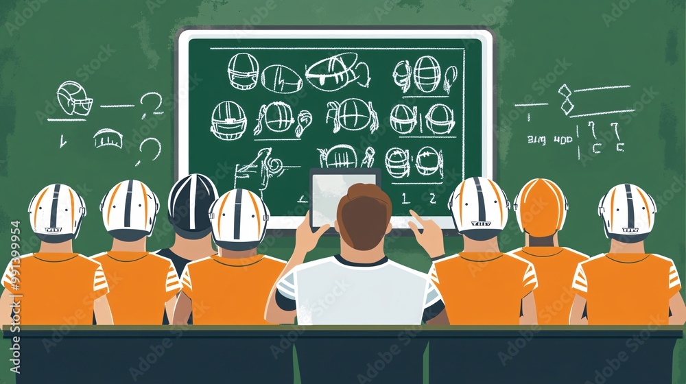 Poster an abstract illustration of a coach holding a tablet showing football play strategies with simple ve