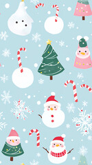 Cute Christmas-themed patterned wallpaper featuring candy cane trees, snowmen, Santa, snowflakes, Christmas tree decorations, and other festive Christmas-related graphics.