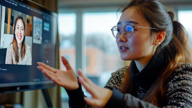 A deaf person participating in a video call with real-time sign language translation on the screen.