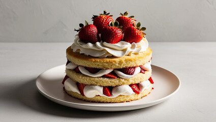 A realistic photograph of a strawberry shortcake with whipped cream. The cake is smoothly decorated with tasty fresh strawberries and placed on a white plate.