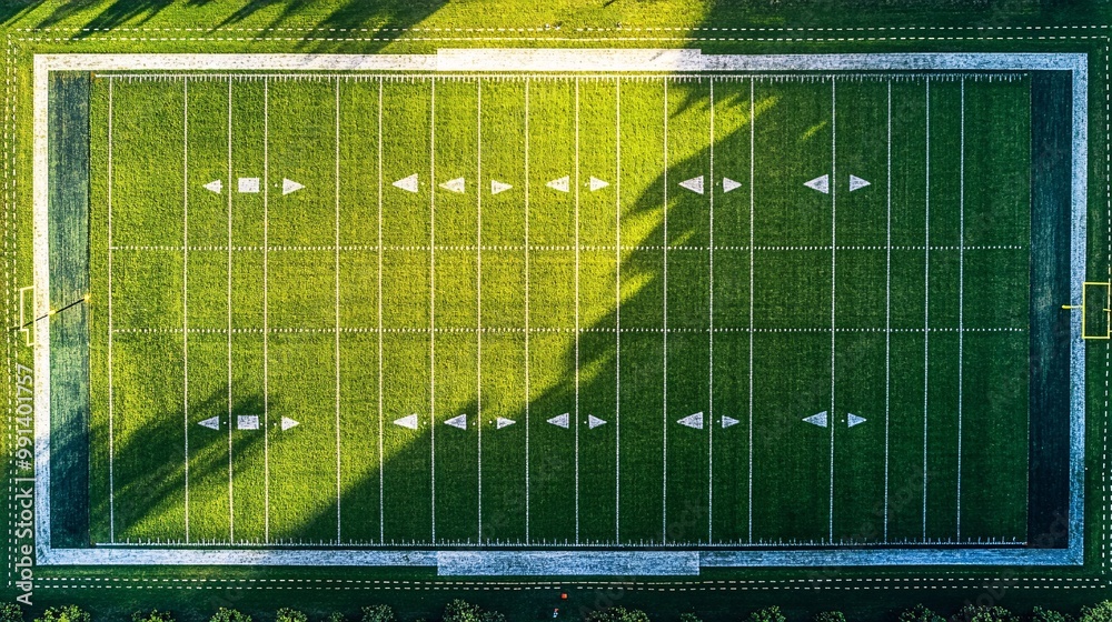 Aufkleber A minimal flat lay of a football field viewed from above with game strategies drawn in simple arrows and shapes Large space for text in center Stock Photo with copy space