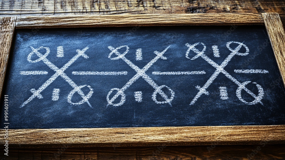 Poster A stylized vector design of a strategic football plan being drawn out with Xs and Os on a flat chalkboard surface Large space for text in center Stock Photo with copy space