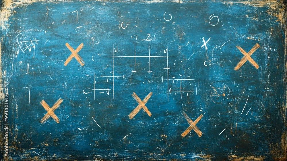 Poster A stylized vector design of a strategic football plan being drawn out with Xs and Os on a flat chalkboard surface Large space for text in center Stock Photo with copy space