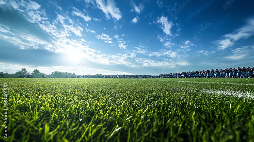 Aufkleber A wide minimal view of players setting up a play on the football field with the coach strategizing from the sidelines Large space for text in center Stock Photo with copy space
