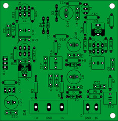 Fototapeta premium Placement of components of radio elements (contact pads and seats) on printed circuit board of electronic device. Vector engineering drawing of pcb. Electric background. Computer technic cad design.