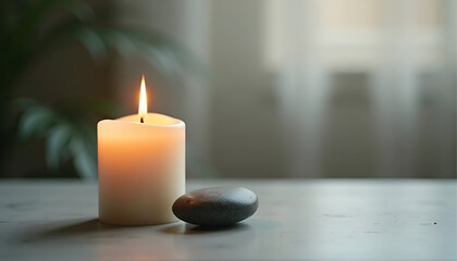 A Serene Minimalist Scene with Flickering Candle and Stone Symbolizing Balance and Inner Calm