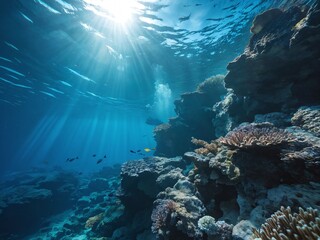 Fototapeta premium Underwater coral reef ecosystem with vibrant marine life illuminated by sunlight filtering through the water
