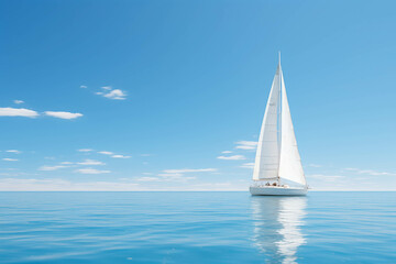 Obraz premium Sailboat on the Horizon: A lone sailboat glides gracefully through the vast expanse of the ocean, symbolizing freedom, adventure, and the pursuit of dreams. The blue sky, white clouds.