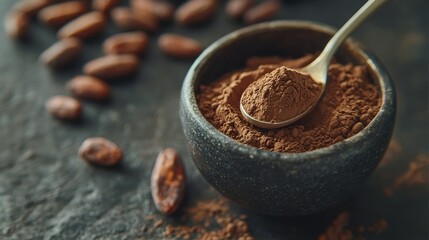 A spoon scooping cacao powder from a small ceramic bowl, with cacao beans scattered around on a textured, dark stone surface.