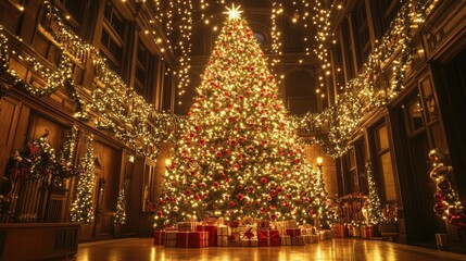 Fototapeta premium Christmas tree background with a towering tree filled with ornaments, lights, and garland, creating a perfect festive focal point