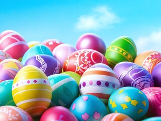 Obraz premium Colorful Easter eggs arranged in a vibrant display against a clear blue sky during springtime festivities
