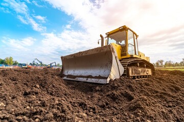 Obraz premium Busy Construction Site Featuring a Bulldozer with Ample Copy Space