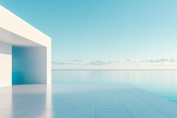 Abstract 3D rendering of minimalist style architectural space scene, mountain and lakeside building