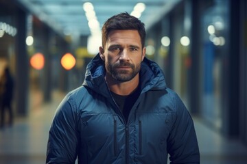 Fototapeta premium Portrait of a content man in his 30s donning a durable down jacket in dynamic fitness gym background
