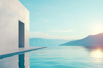 Abstract 3D rendering of minimalist style architectural space scene, mountain and lakeside building