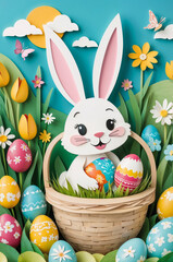 A paper Easter bunny holding colorful painted eggs sits inside a basket, surrounded by vibrant flowers and a sunny, spring backdrop, creating a joyful holiday scene