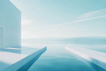 Obraz premium Abstract 3D rendering of minimalist style architectural space scene, mountain and lakeside building