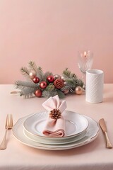 Studio shot of a festive holiday table setting with elegant dinnerware, napkins, and a centerpiece, leaving ample copy space.
