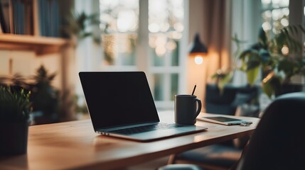 A desk with a laptop and coffee mug in a cozy home office space
