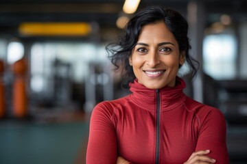 Portrait of a smiling indian woman in her 40s wearing a classic turtleneck sweater over dynamic fitness gym background