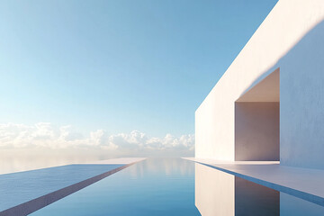 Obraz premium Abstract 3D rendering of minimalist style architectural space scene, mountain and lakeside building
