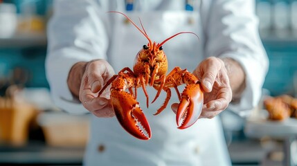 A talented chef proudly holds a freshly caught lobster, ready to prepare a gourmet dish in a bustling restaurant kitchen filled with culinary tools and ingredients.
