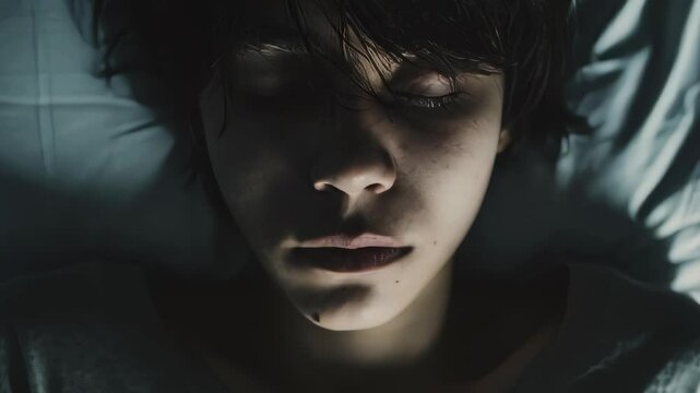 A close-up of a young woman's face as she sleeps in bed