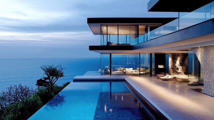 Fototapeta premium Dream home by the ocean, large glass walls, infinity pool blending into the sea, modern minimalist design, open floor plan