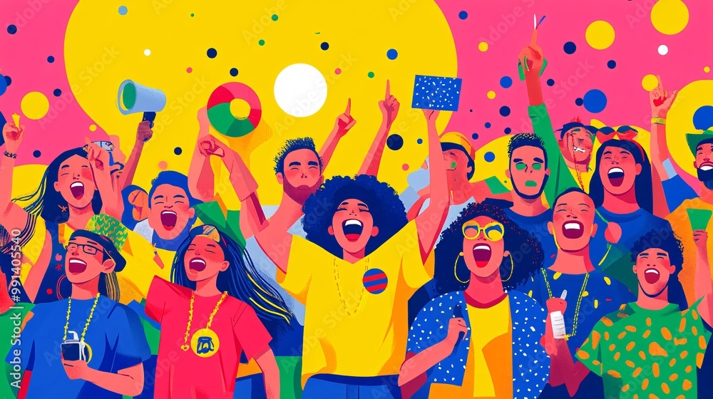 Poster a minimalist side profile of football fans cheering in the stands with simplified forms and vibrant 
