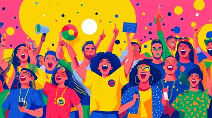 Obraz premium A minimalist side profile of football fans cheering in the stands with simplified forms and vibrant flat colors Large space for text in center Stock Photo with copy space