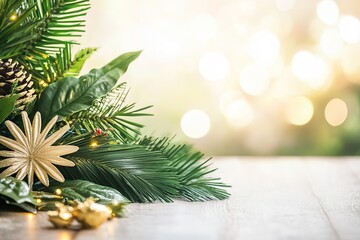 Festive Christmas foliage with golden star and lights.