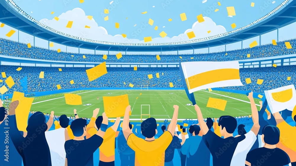 Poster A clean minimal illustration of fans holding banners and flags in the stadium rendered with bold outlines and flat colors Large space for text in center Stock Photo with copy space