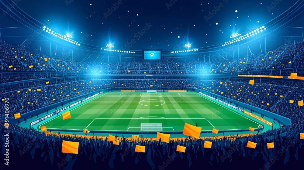 Aufkleber A vector design of a stadium crowd waving flags and cheering for their team with simplified forms and clean flat colors Large space for text in center Stock Photo with copy space
