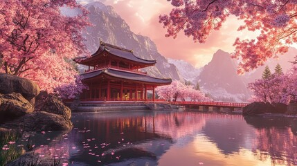 Naklejka premium Serene Pagoda Amidst Blooming Cherry Trees