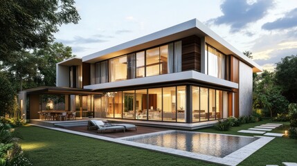 Fototapeta premium Family home with an open-plan design, spacious living area, a large backyard, and a child-friendly environment