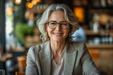 Obraz premium A woman wearing glasses and a jacket is smiling