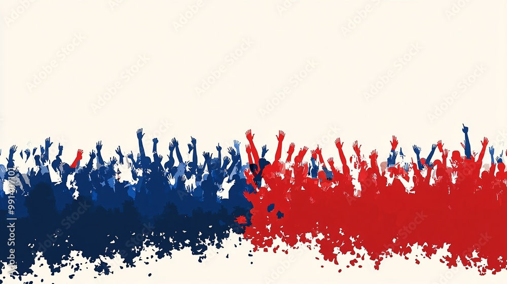 Poster An abstract flat design of a large group of fans in the stadium wearing team colors and cheering with arms raised Large space for text in center Stock Photo with copy space