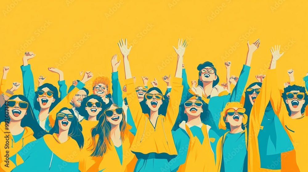 Poster An abstract flat design of a large group of fans in the stadium wearing team colors and cheering with arms raised Large space for text in center Stock Photo with copy space