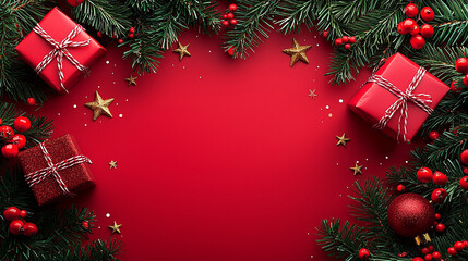 Obraz premium Red background, Christmas tree branches with gifts and stars on the border,